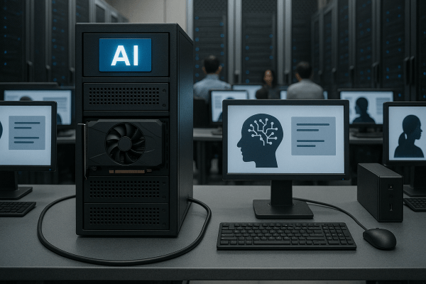 A computer server labeled 'AI' situated in a room with multiple computers, each displaying a graphic of a human head and data text, illustrating a high-tech enterprise AI environment.