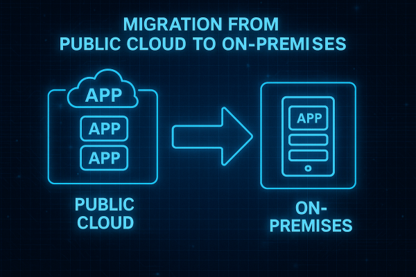 An infographic illustrating the migration process from public cloud to on-premises infrastructure, featuring two sections labeled 'PUBLIC CLOUD' with application icons and 'ON-PREMISES' with an application housed within a device.
