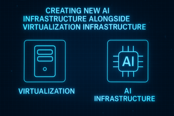 Graphic illustrating the creation of new AI infrastructure alongside virtualization infrastructure, with labeled components for 'Virtualization' and 'AI Infrastructure' in a digital style.