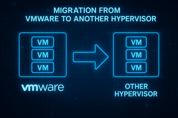Diagram illustrating the process of migrating virtual machines from VMware to another hypervisor, featuring labeled virtual machine icons and directional arrows.