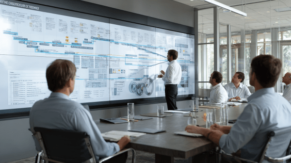 A business meeting in a modern conference room, featuring a presenter standing in front of a large screen displaying complex data and diagrams, while several engaged colleagues sit around a table.
