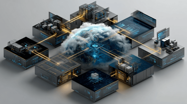 A visual representation of interconnected data centers and cloud infrastructure, with a globe at the center, highlighting the interaction between on-premises systems and cloud services.