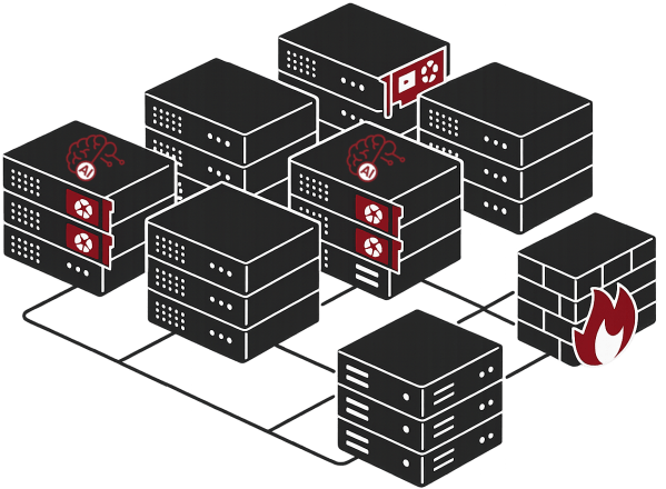 Graphic representation of a network of servers with integrated AI capabilities, displaying various server units connected by lines, showing components like firewalls and data pipelines.