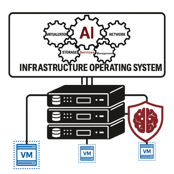 Diagram illustrating an infrastructure operating system integrating AI with elements like virtualization, storage, and networking, connected to servers and virtual machines.