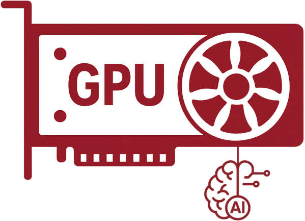An illustration of a GPU (Graphics Processing Unit) with the label 'GPU' and a brain symbol representing artificial intelligence (AI).