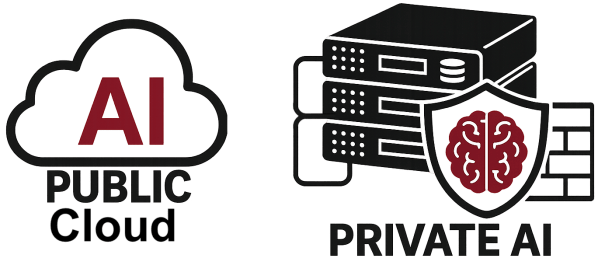 A visual comparison between public AI cloud services and private AI infrastructure, showcasing a cloud icon for public AI on the left and a server icon with a shield representing private AI on the right.