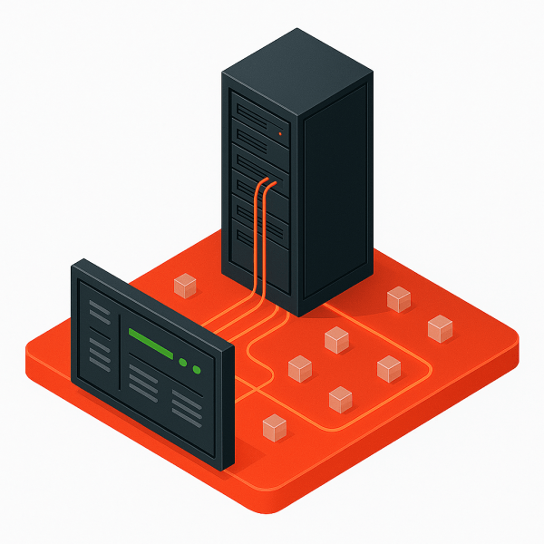 An illustration of a server rack connected by cables to a dashboard interface, set against a vibrant orange background with small cube representations indicating storage or data components.