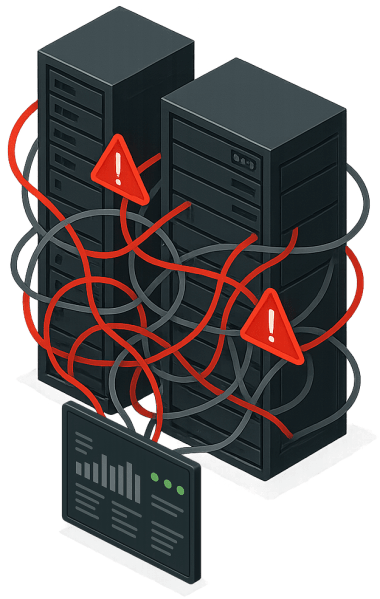 An illustration showing two server racks with tangled lines and warning symbols, representing complexity and potential issues in a tech environment alongside a dashboard interface.