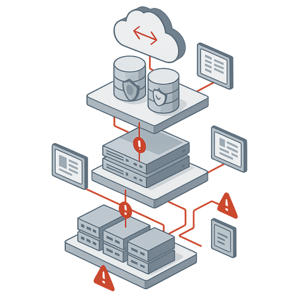 An illustration depicting a multi-layered data protection architecture, featuring cloud storage, database icons, servers, and alert notifications to represent various components and layers of infrastructure.