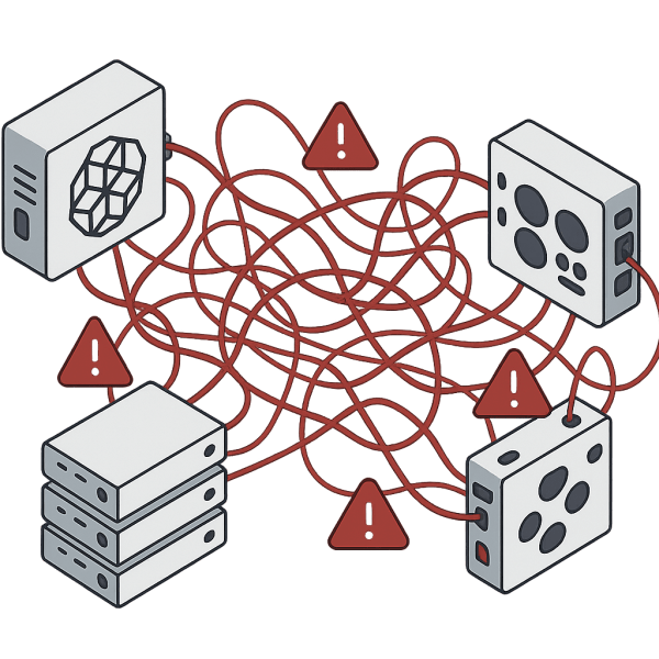 An illustration depicting a chaotic network of interconnected devices and systems, highlighted by red warning triangles to symbolize potential issues in data protection and automation.