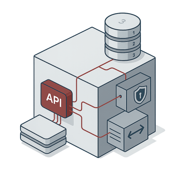 An illustration of a unified infrastructure model featuring an API at the center, connected to various data storage elements and security services.