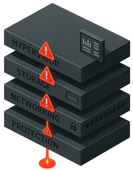 Illustration showing four layers representing hypervisor, storage, networking, and protection, each with warning icons indicating issues. The layers are stacked vertically with labels in bold and a red warning symbol beside each.