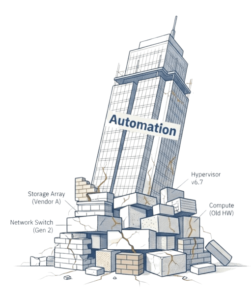 An illustration of a leaning building labeled 'Automation' on top of fragmented infrastructure, including labeled components like 'Storage Array', 'Network Switch', and 'Hypervisor'.