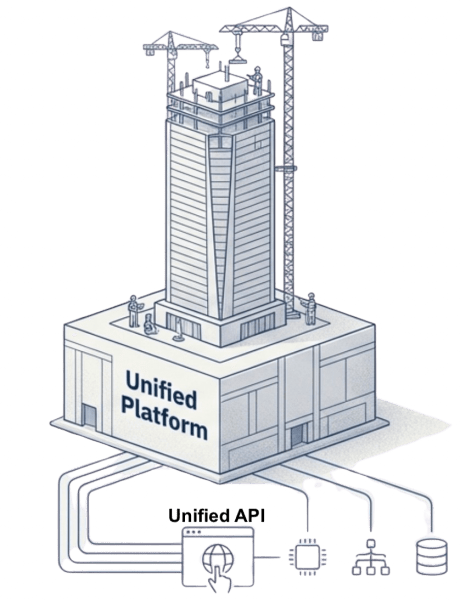 Illustration of a unified platform depicted as a tall building under construction, labeled 'Unified Platform,' with cranes and workers around it, showcasing a unified API system facilitating infrastructure integration.