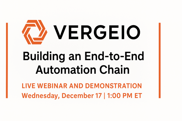 Promotional banner for VergeIO's webinar titled 'Building an End-to-End Automation Chain', highlighting the date and time of the event.