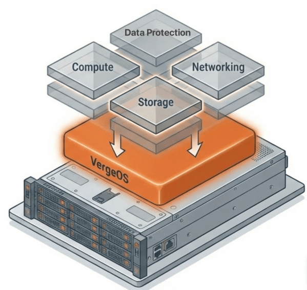 An illustration of a server featuring VergeOS at the center with layers labeled 'Data Protection,' 'Compute,' 'Networking,' and 'Storage' positioned above it.