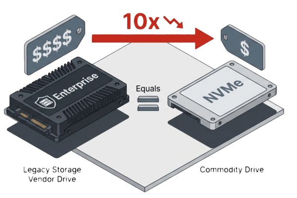 Illustration comparing legacy storage vendor drive with enterprise label to a commodity NVMe drive, highlighting a cost reduction of 10 times.