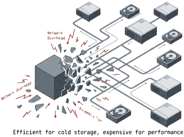 Diagram illustrating a cold storage system with a central block breaking apart, showing connections to multiple storage devices, accompanied by text about network overhead and assembly size.