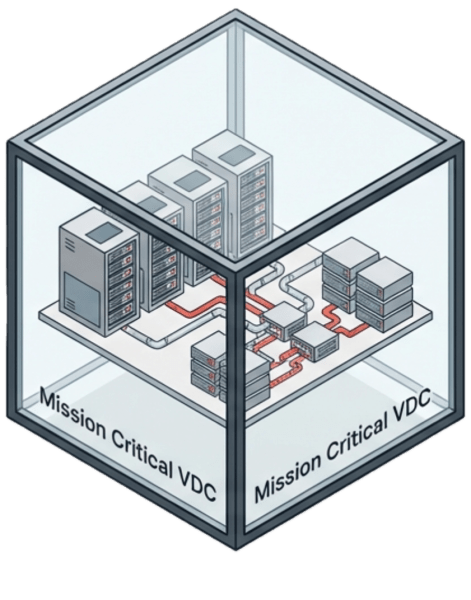 Illustration of a mission critical virtual data center (VDC) enclosed in a transparent cube, showing various server racks and interconnected cables.