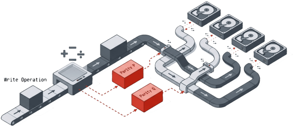 Diagram illustrating a write operation process, featuring a central unit connected to two data blocks labeled 'Party P' and 'Party Q', with multiple data pathways leading to several storage devices.