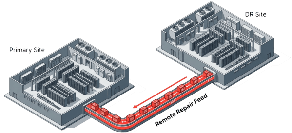 Diagram illustrating a Primary Site and a DR (Disaster Recovery) Site connected by a Remote Repair Feed, showcasing server arrangements and data flow.