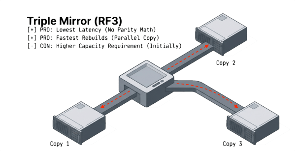 Diagram illustrating Triple Mirror (RF3) storage configuration with three copies, showing connections and pros and cons.