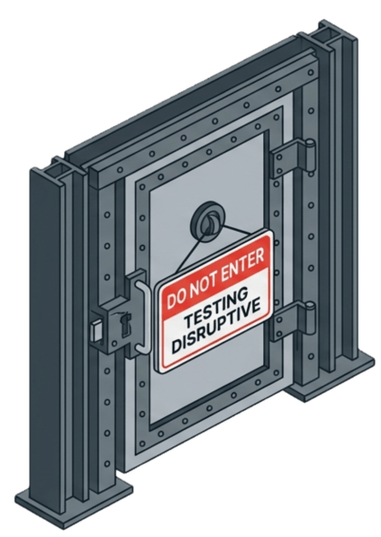 A heavy door with a warning sign that reads 'DO NOT ENTER TESTING DISRUPTIVE', indicating restricted access.