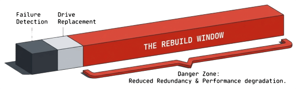 Illustration depicting a bar labeled 'THE REBUILD WINDOW' with markers for 'Failure Detection' and 'Drive Replacement,' indicating a danger zone of reduced redundancy and performance degradation.