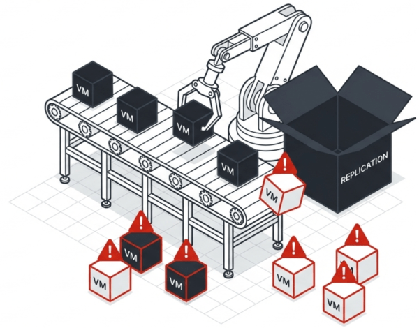 An industrial robotic arm on a conveyor belt placing virtual machine (VM) blocks into a box labeled 'REPLICATION', with additional VM blocks and warning signs below.