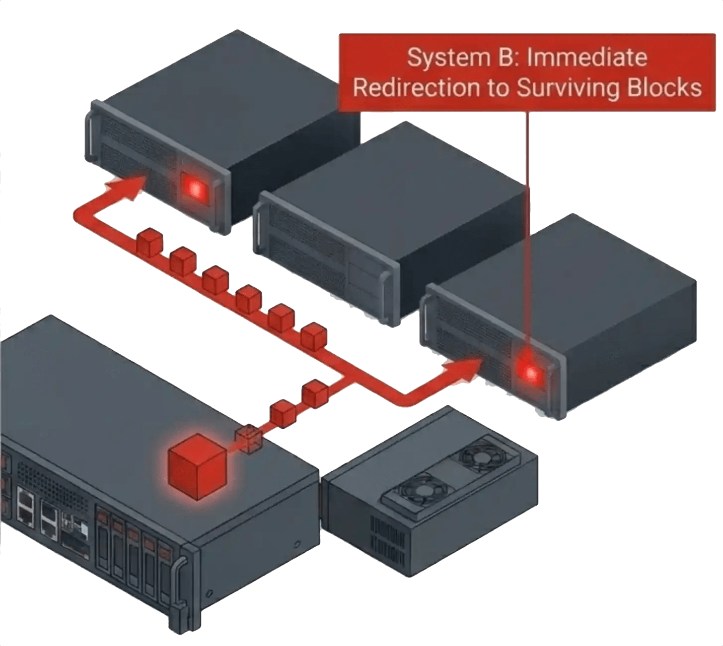 Conceptual illustration of replication-based redirect to surviving copies during a node failure