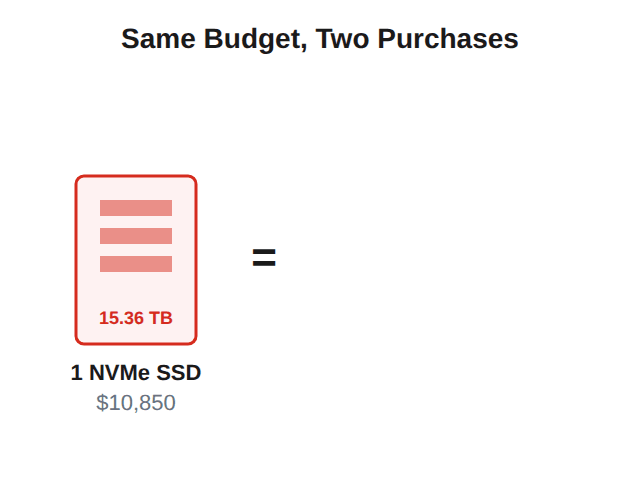 Hybrid storage budget math: the price of one 15.36 TB NVMe SSD buys eight 24 TB hard drives, 192 TB of raw capacity